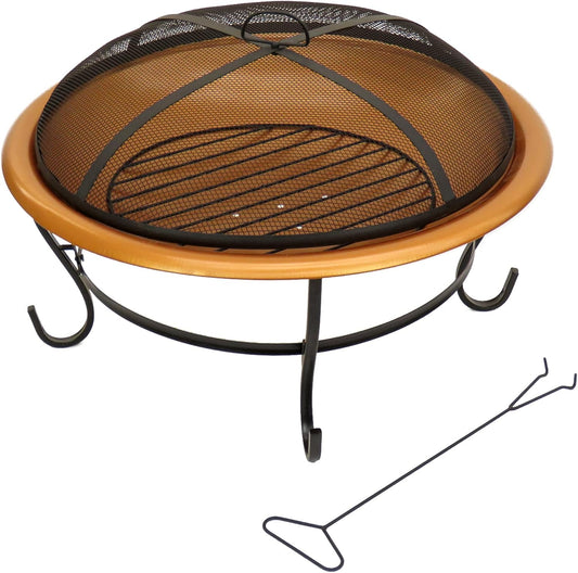 Fire Pit, Steel, Copper Finish, Includes Black Stand and Screen Cover, 29 Inches