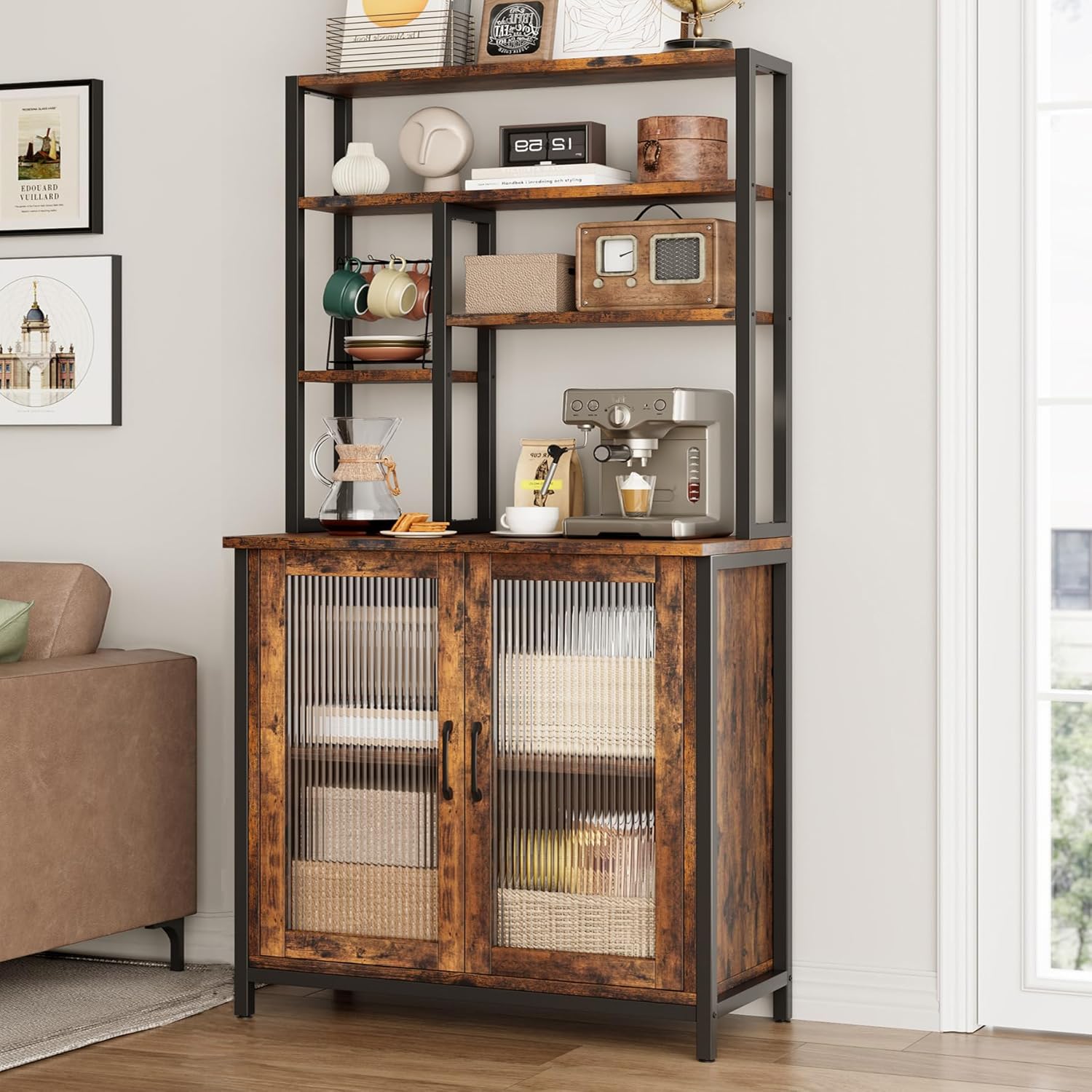 CABIHOME Bakers Rack with Cabinet, 5 Tier Microwave Stand 63.78", Baker Rack with Fluted Door Large Kitchen Oven Stand Tall Bar Cabinet, Retro Brown Coffee Bar Station