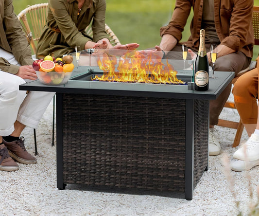 Propane Fire Pit Table 44", Outdoor Gas Fire Pit 50,000 BTU CSA Certified, Firepit with Glass Rocks, Lid, Glass Wind Guard, Wicker Base, Tempered Glass Tabletop for Outside Patio, Backyard, Garden