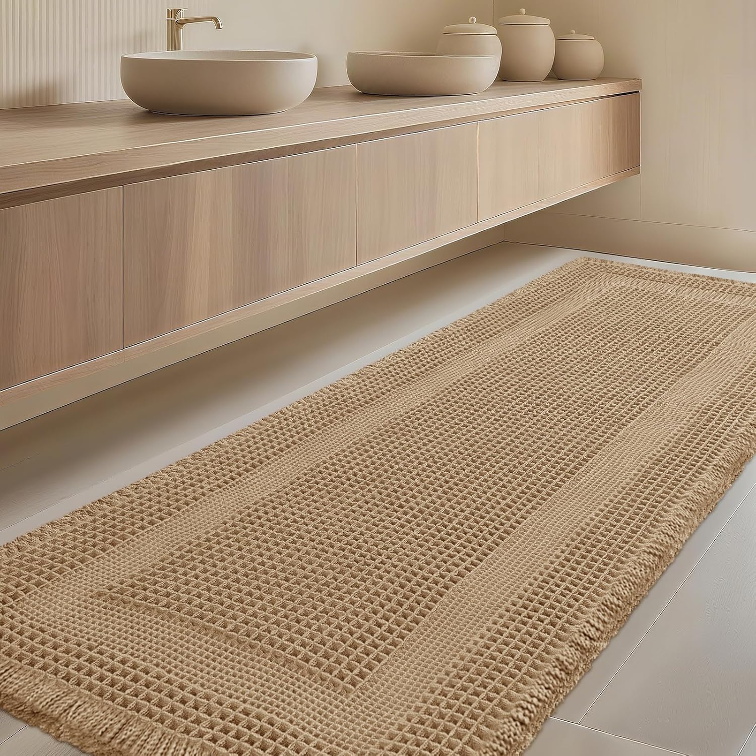 Extra Large Waffle Bath Mat, Boho Woven Modern Bath Rug Absorbent Non Slip, Soft Bathroom Mats, Machine Washable Knit Bath Rugs with Tassels for Bathroom, Bedroom, Kitchen, Shower, Tub, Beige, 6'x2'