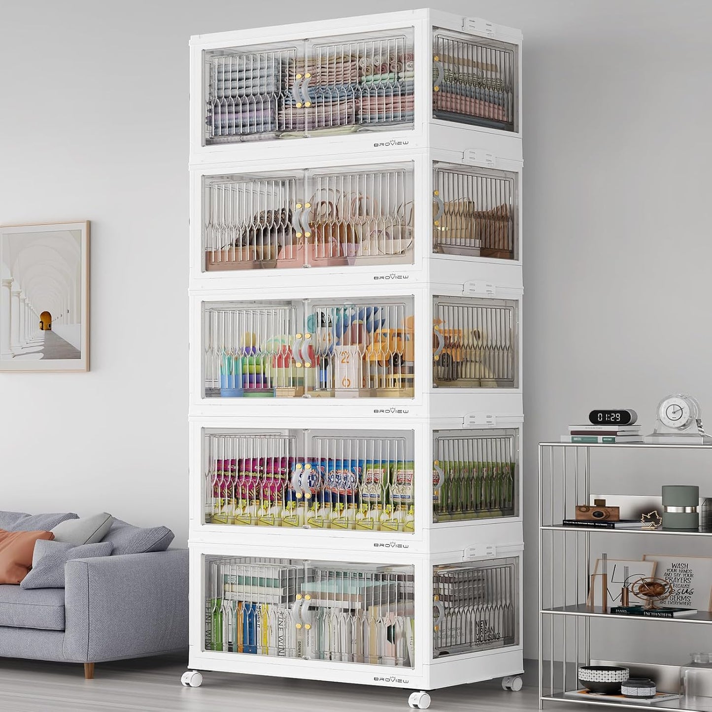 BROVIEW 600QT Large Stackable Storage Bins with Lids, Plastic Closet Organizer and Storage Drawer, Collapsible Storage Box with Wheels, Folding Storage Cabinet with Doors for Home Kitchen, 5Pack White