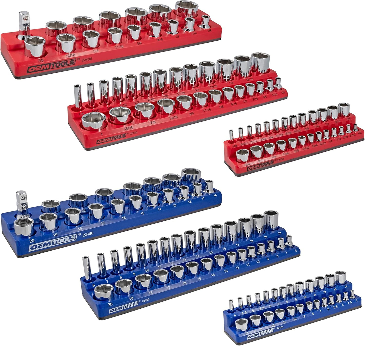 OEMTOOLS 22489 6 Pack Set Metric and SAE Magnetic Socket Organizers, Tool Box Socket Organizer for 1\/4, 3\/8, and 1\/2 Inch Drive Sockets, Red and Blue