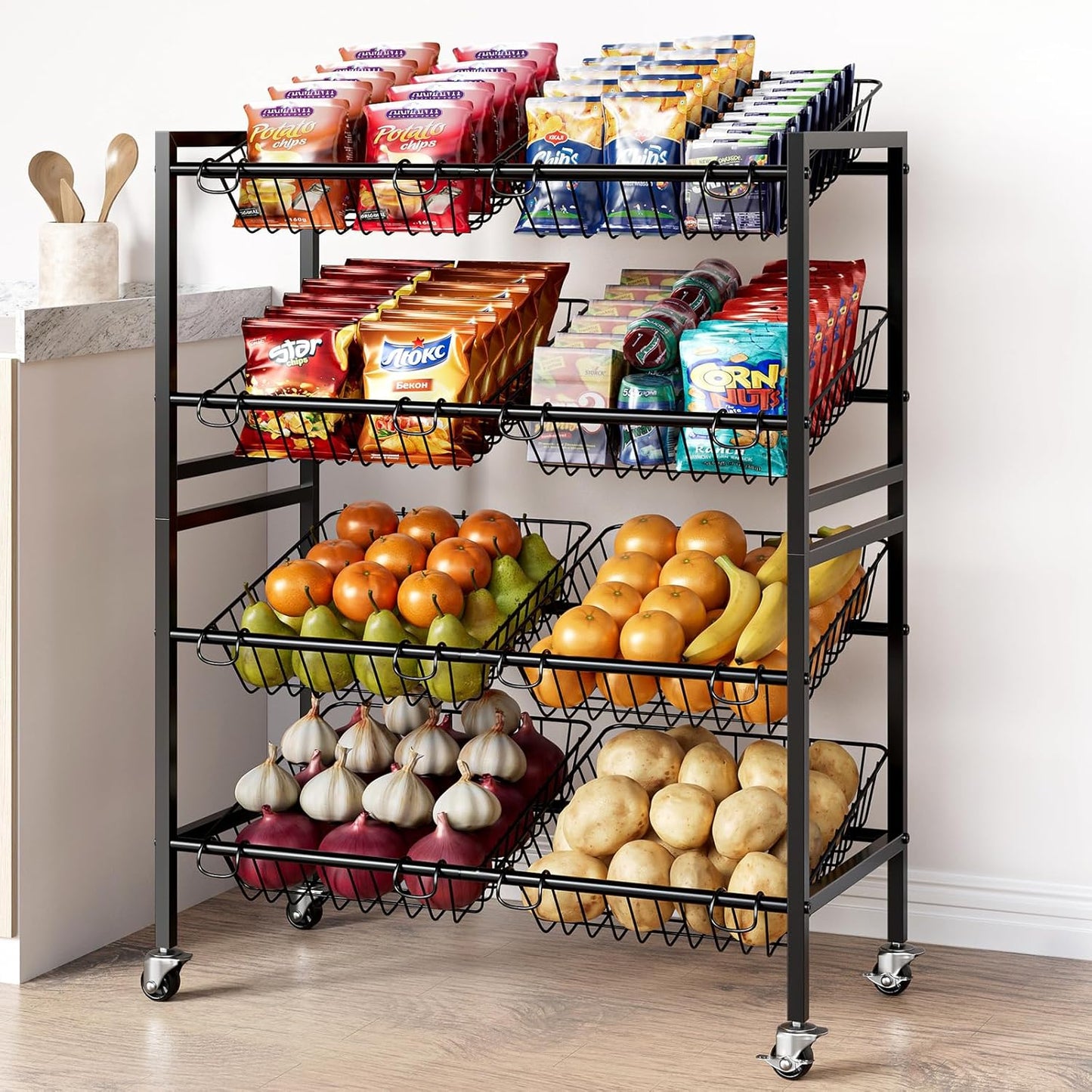 25.2''W Kitchen Storage Cart, Rolling Snack Cart, 4 Tier Fruit Basket Stand, Metal Pantry Storage with 8 Stackable Wire Baskets, Black