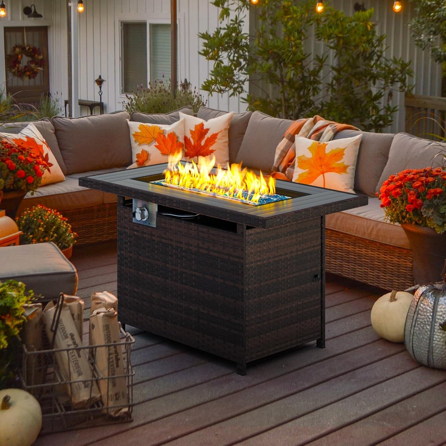 Jolydale Propane Fire Pit Table 44 Inch Outdoor Gas Firepit Table with Storage Rectangular 60000 BTU Fire Table with Oxford Cover for Outdoor Patio Deck, Brown Wicker (Brown)