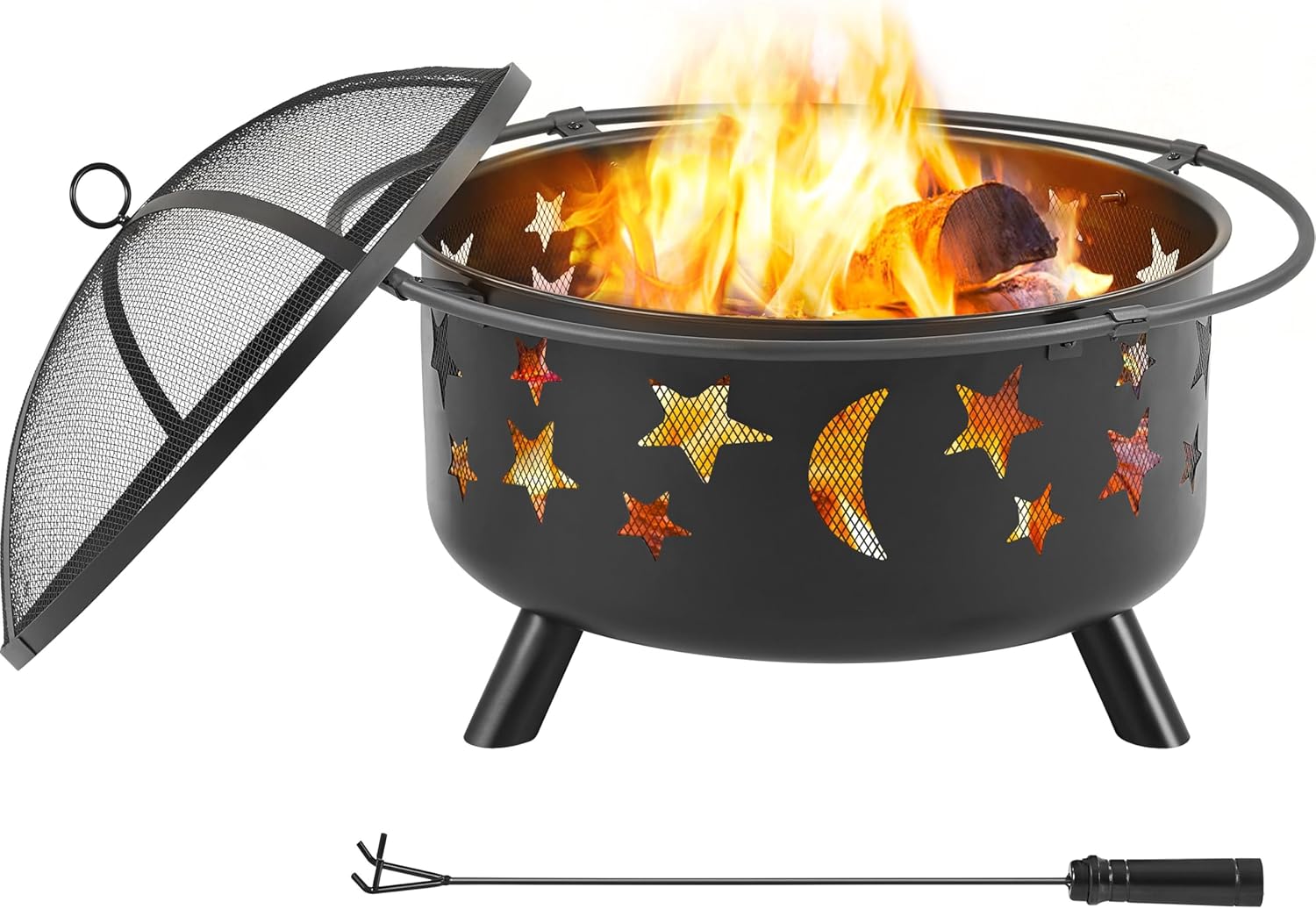 Topeakmart 30 Inch Backyard Fire Pit Iron Brazier Wood Burning Coal with Sky Stars and Moons Pit Fire Bowl Stove for Outside Camping Patio Garden Black