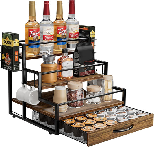 Coffee Syrup Organizer Rack, 4-Tier Syrup Bottle Holder Stand with 36 K Cup Pod Drawer Storage for Coffee Bar, 12 Bottles Storage Shelves for Syrup, Wine, Dressing for Kitchen Coffee Station