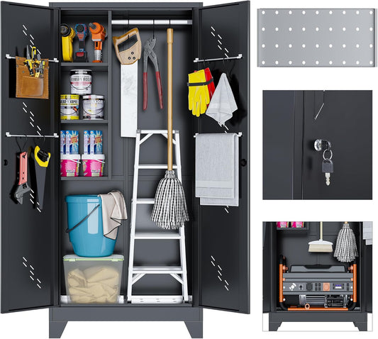 LyAosdFu Metal Storage Cabinet, 75" Cleaning Tool Cabinet with Locking Door, Tall Storage Sheds Tool Organizer, Large Broom Cabinet for Bathroom, Laundry Room, Kitchen, Pantry, and Humid Environments
