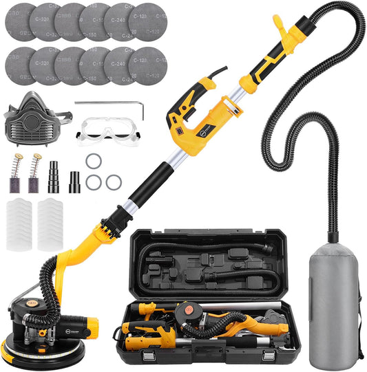 Drywall Sander, 880W 7.3-Amp Popcorn Ceiling Removal Tool with 1100-2100RPM 5 Variable Speed 12pcs Sanding Discs Electric Drywall Sander with Vacuum Dust Collector LED Light for Ceiling Sanding