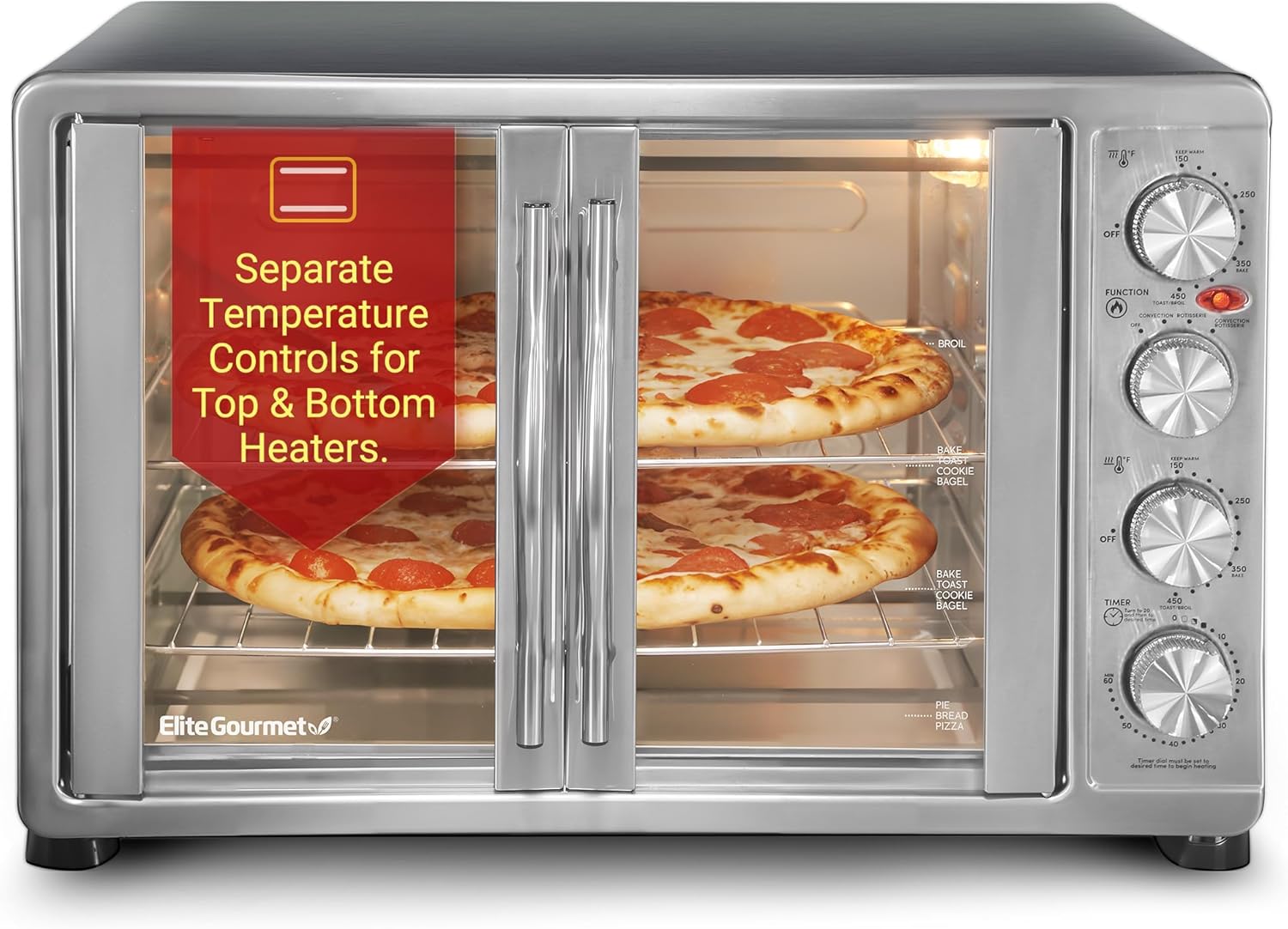 Elite Gourmet ETO-4510M French Door 47.5Qt, 18-Slice Convection Oven 4-Control Knobs, Bake Broil Toast Rotisserie Keep Warm, Includes 2 x 12" Pizza Racks, Stainless Steel