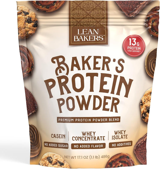 Baker's Protein Powder Pure Natural Protein Blend, Whey Isolate, Whey Concentrate, Casein, Gluten Free, no sweeteners, Unflavored, 17.1 oz, for Baking high Protein Low Calorie Snacks