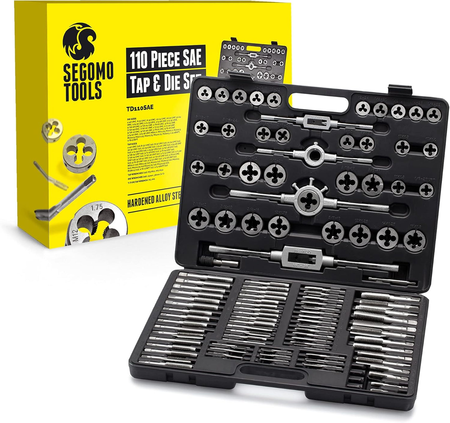 Segomo Tools 110 Piece Hardened Alloy Steel SAE Tap And Die Threaded Set With Case - TD110SAE
