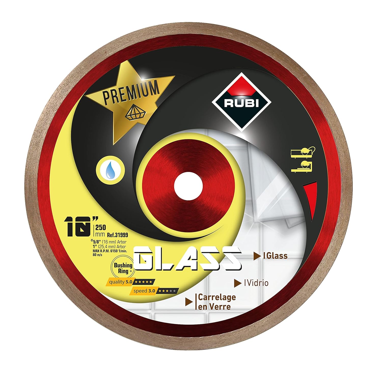10" Diamond Blade for Glass Cutting \u2013 Premium RUBI Wet Cutting Blade for Glass Mosaic, Glass Blocks, Vitreous Materials \u2013 Low Speed Performance