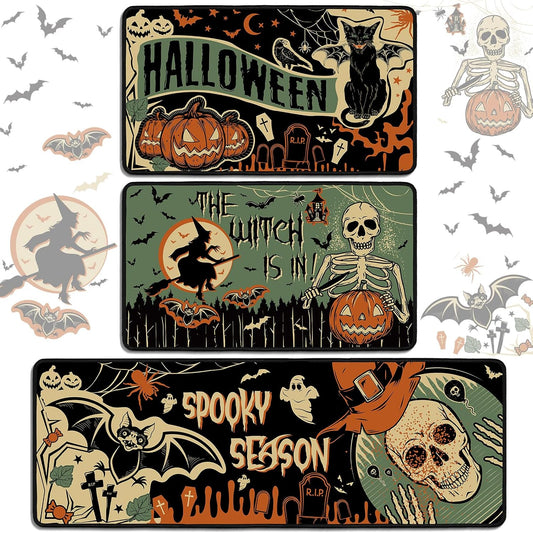 Drydiet 3 Pcs Halloween Kitchen Rugs and Mats Set Vintage Halloween Spooky Pumpkin Non Slip Rug Retro Skeleton Witch Bat Waterproof Floor Mat for Kitchen Home Bar Office Bathroom Door Party Decor