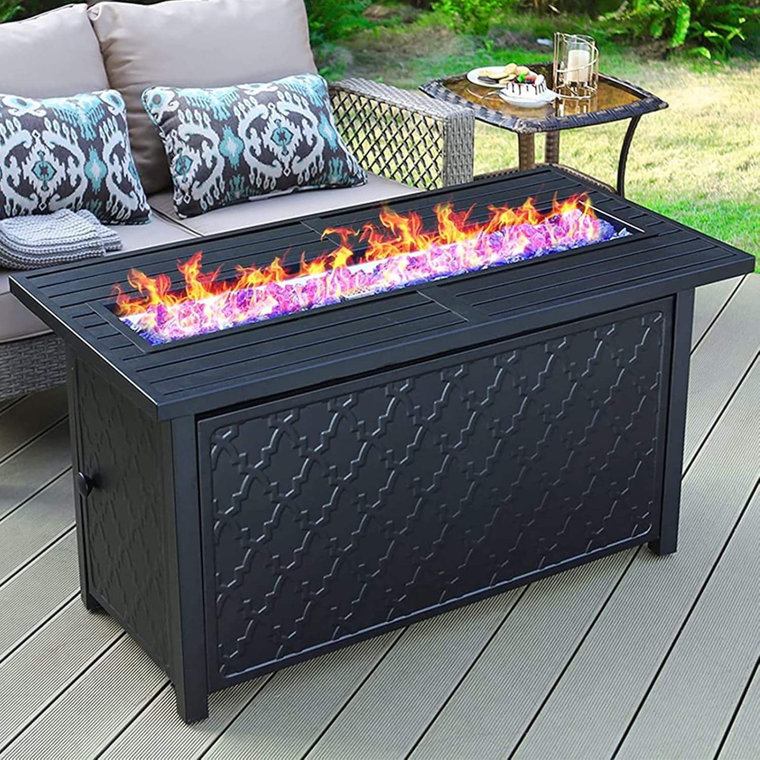 MFSTUDIO 45\u201D Outdoor Rectangular Gas Fire Pit Table，50000 BTU Propane Iron Plate Embossing Fire Table with Lid and Blue Glass for Patio,Backyard and Balcony,Black