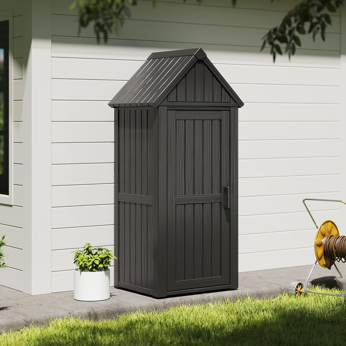PatioZen Storage Shed Outdoor,Waterproof Resin Garden Tool Shed, Heavy-Duty Weather-Resistant Cabinet for Patio, Backyard, or Garage (Deep Black)