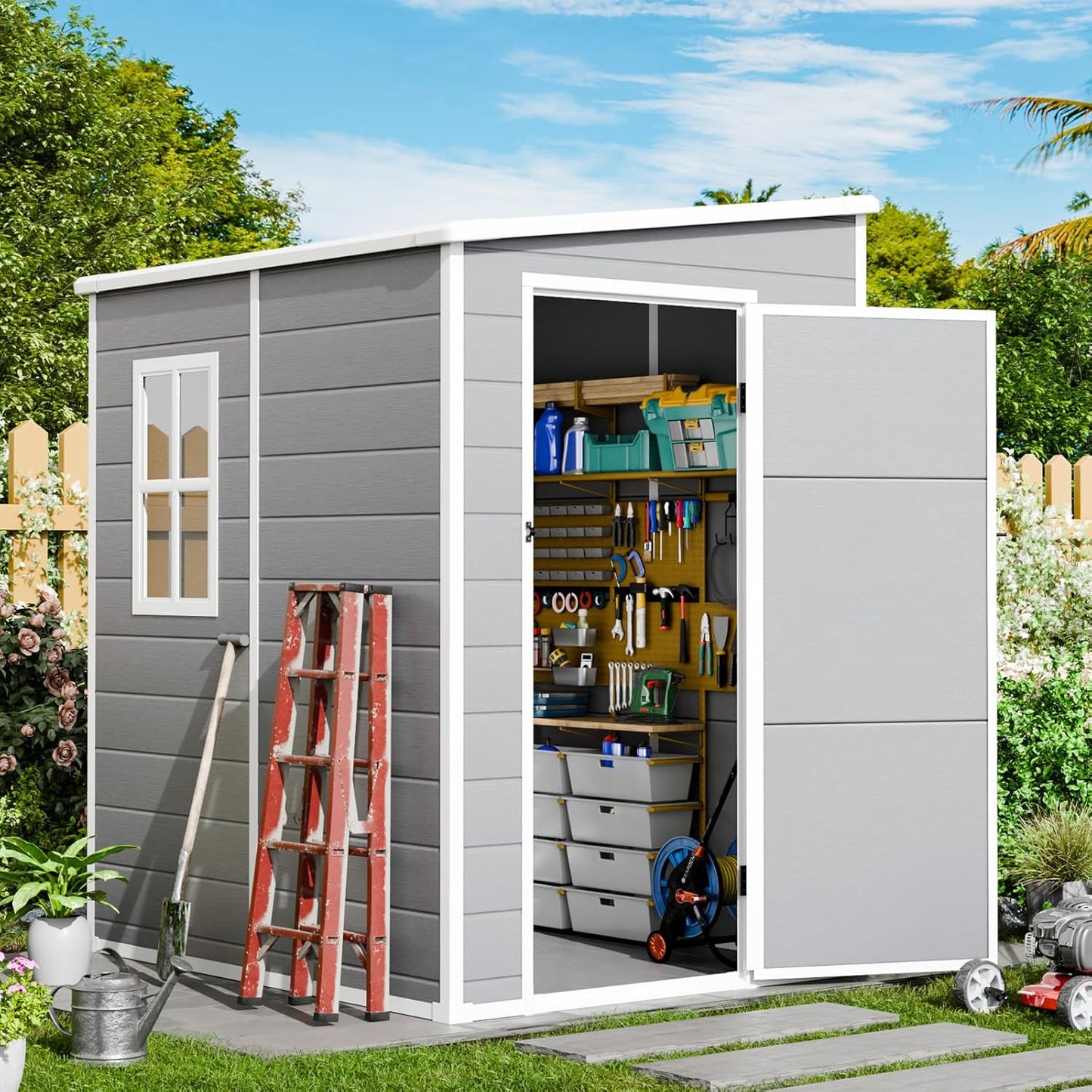 RichFire 5x4 FT Plastic Outdoor Storage Sheds with Floor and Lockable Door, Compact Resin Outdoor Storage Cabinet Waterproof, Garden Shed\/Tool Shed for Backyard, Patio, Lawn, Grey