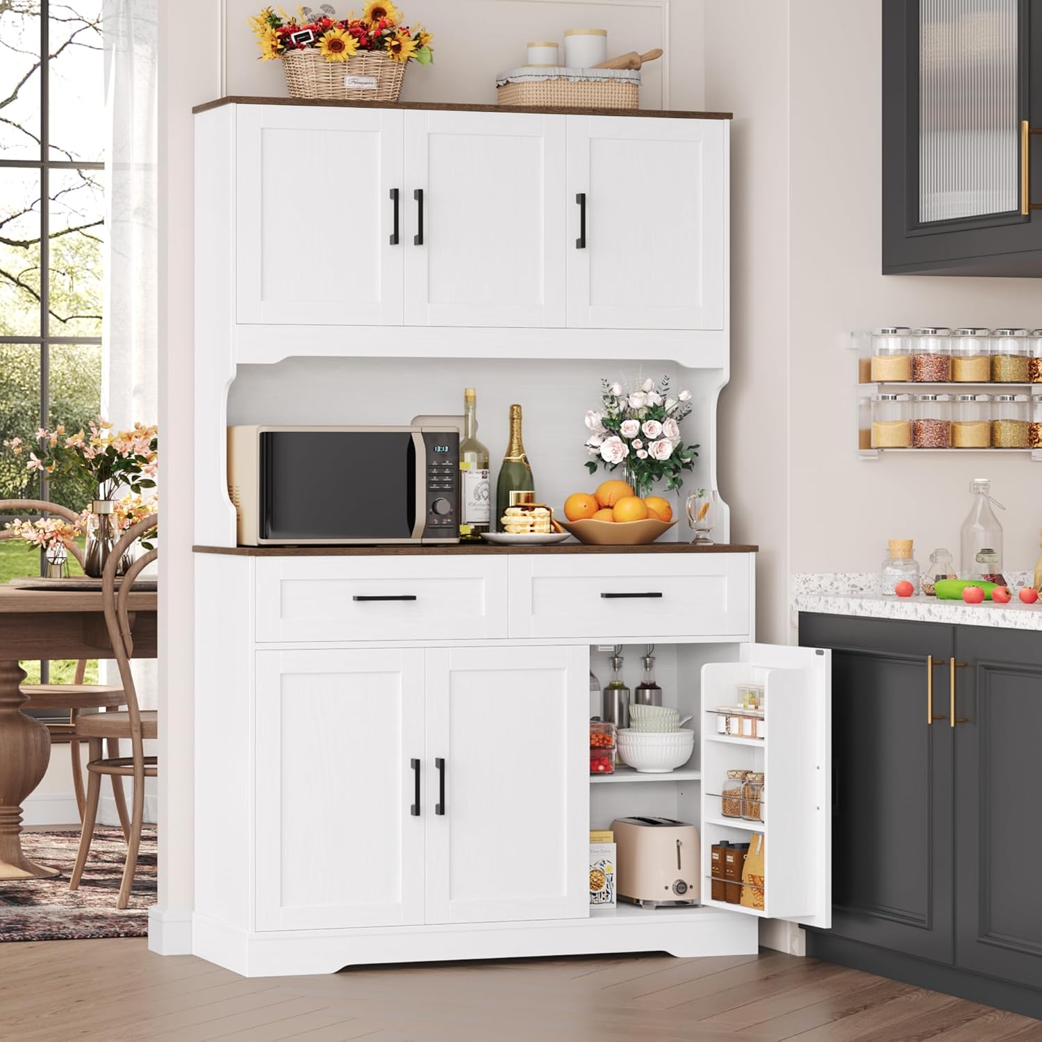 FACBOTALL Tall Kitchen Pantry Cabinet, Farmhouse Food Pantry Cabinet with Doors and Adjustable Shelves, Kitchen Hutch with Countertop and Microwave Stand for Dining Room, Living Room, White