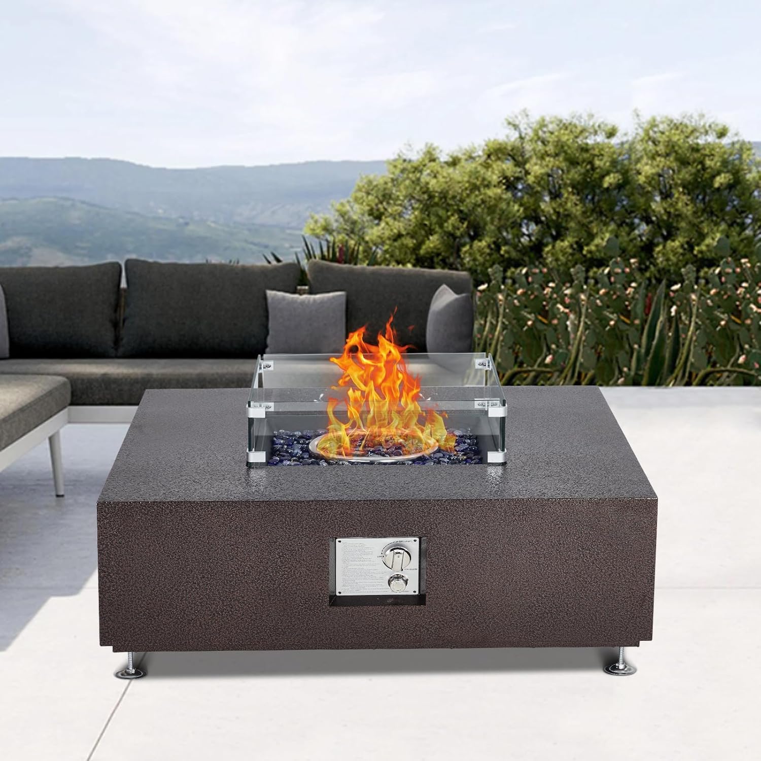 36-Inch Square Propane Fire Pit Table with 50,000 BTU Output and Wind Guard for Patio Deck Garden, Sturdy Steel Frame with Rust-Resistant Powder Coating, Bronze Finish, ncludes Glass B