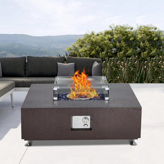 36-Inch Square Propane Fire Pit Table with 50,000 BTU Output and Wind Guard for Patio Deck Garden, Sturdy Steel Frame with Rust-Resistant Powder Coating, Bronze Finish, ncludes Glass B