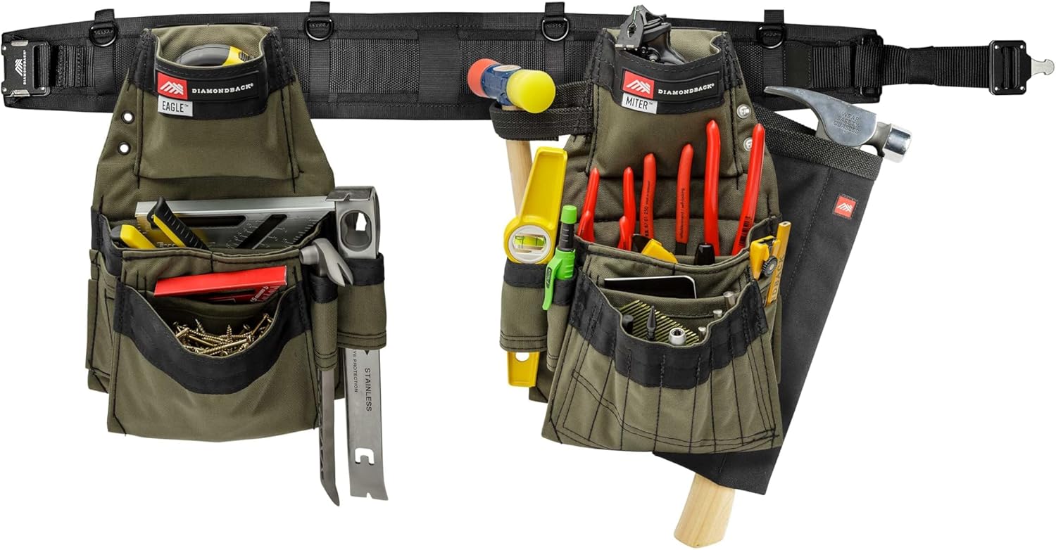 Diamondback Artisan Toolbelt System - Complete with 1 Padded Work Belt, 2 Tool Belt Pouches & 1 Hammer Holster - Versatile Right-Handed Remodeler,Carpenter,Framer,Electrician Tool Belt (Ranger Green)