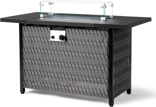 43-Inch Propane Fire Table Outdoor Gas Fire Pit with Waterproof Cover and Glass Wind Guard 50,000 Btu Patio Heater with Lava Rocks Rectangular Black Firepit Table for Outside Patio Dining