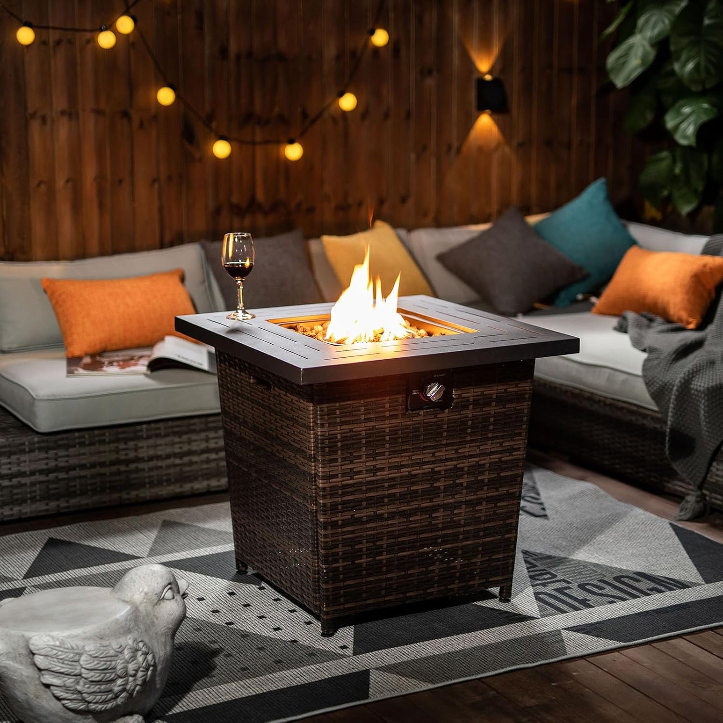 28" Propane Fire Pit Table, 50000 BTU Square Outdoor Steel Fire Pit with Wicker Base & Removable Anti-Rust Lid, Smokeless Patio Heater for Deck Garden Backyard (Black Brown)