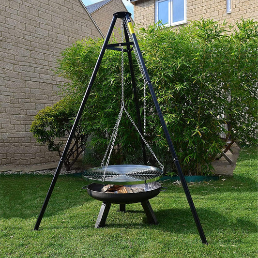 Outdoor Camping Fire Pit Portable,Height-Adjustable Hanging Tripod campfire cooking equipment,Heavy Duty Firepit Grill,with Stainless Steel Barbecue Net and Charcoal Barbecues,for Outdoor Cookin