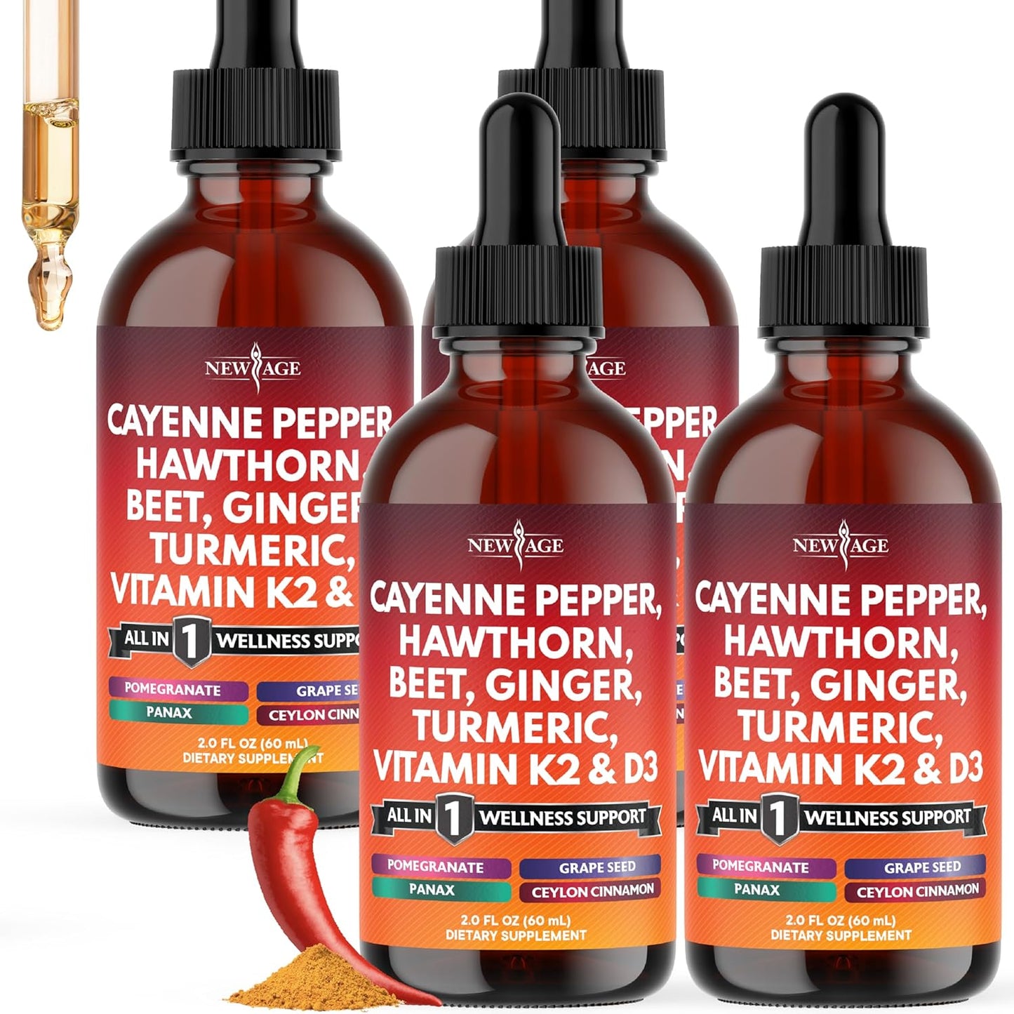 Cayenne Pepper Supplement Liquid Drops + Hawthorn Berry, Vitamin D3 K2 Beet Root Powder, Ceylon Cinnamon, Turmeric Curcumin, Organic Panax Ginseng - 8 oz
