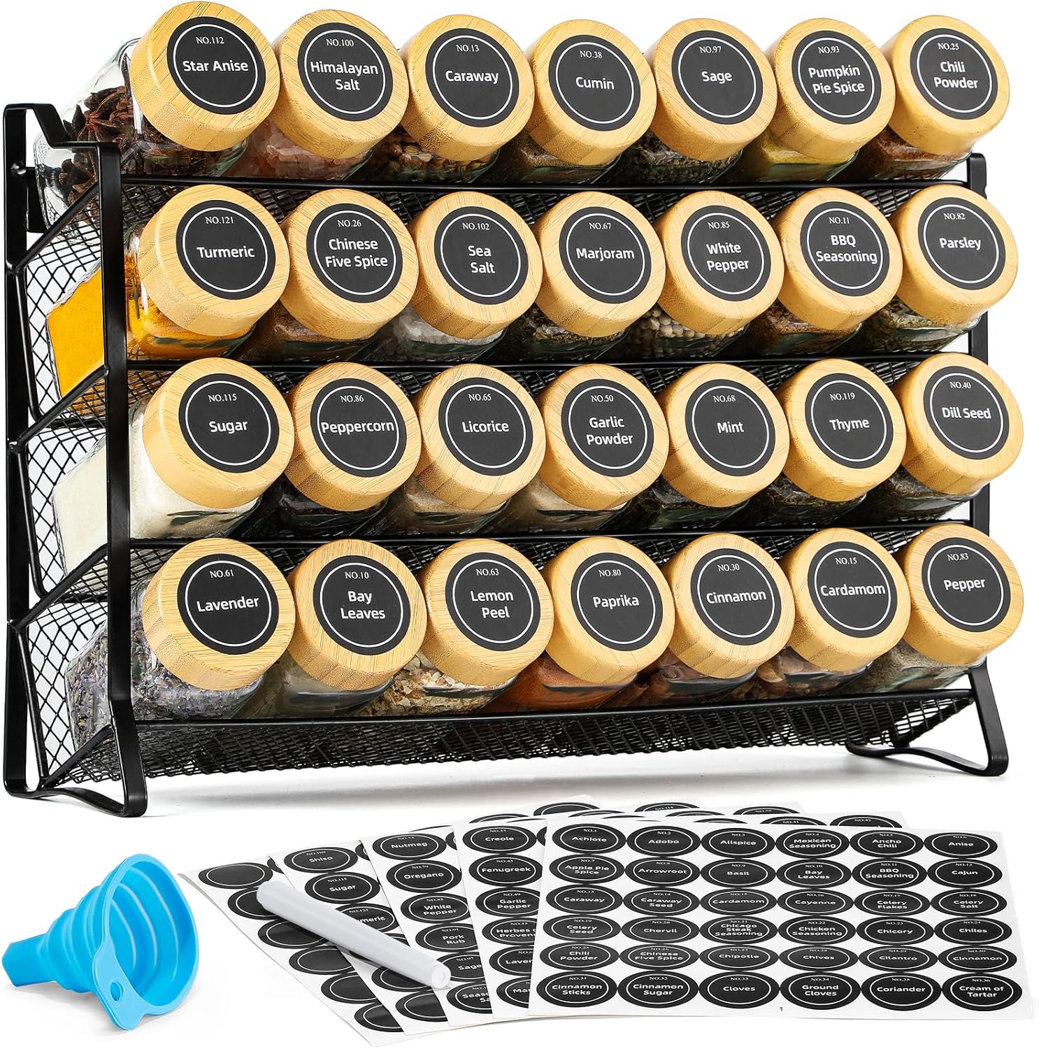 AOZITA Spice Rack Organizer for Cabinet, 28 Empty Spice Jars with Bamboo lids, Funnel, Spice Labels, Seasoning Organizer for Countertop, Cabinet, Kitchen, Pantry, Cupboard