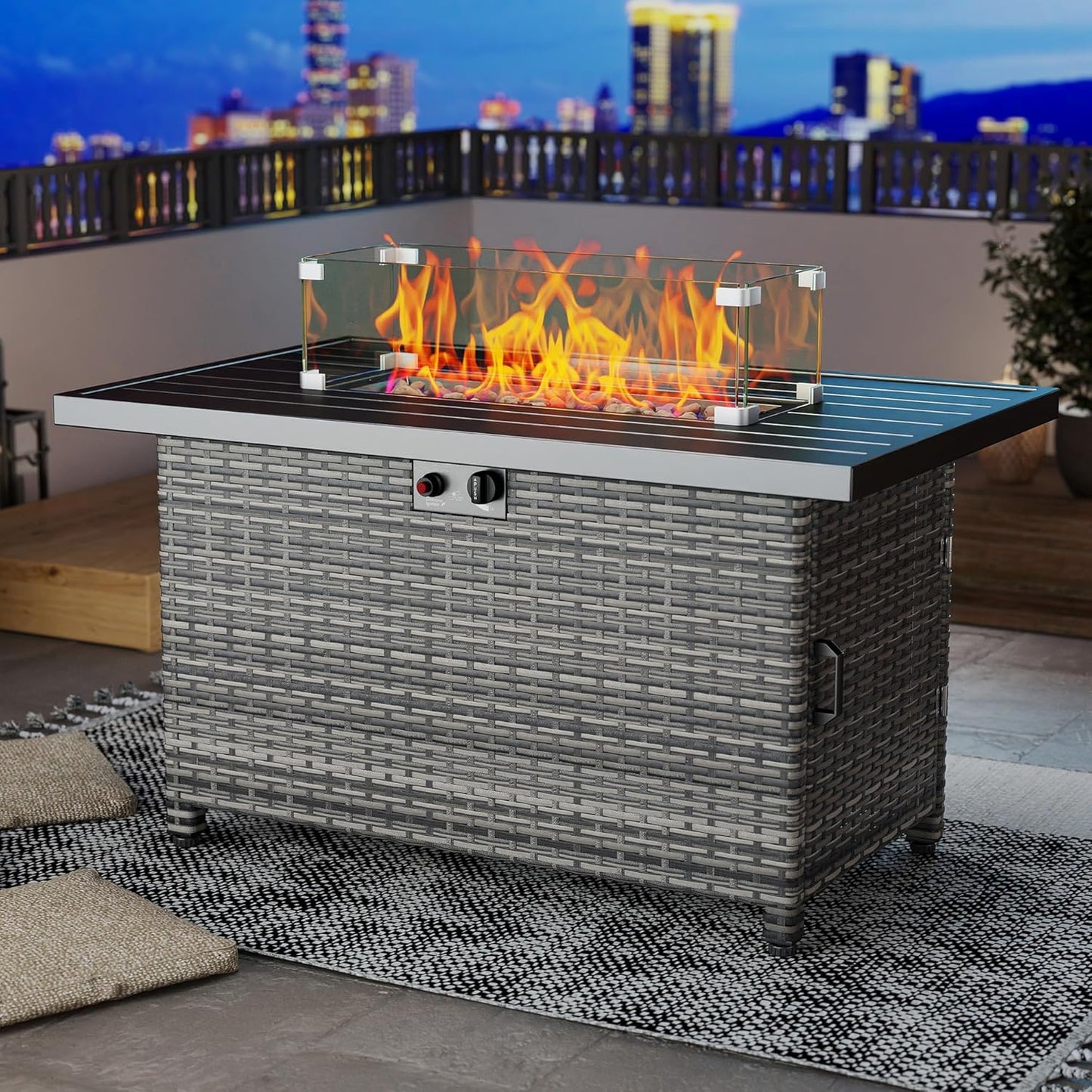 LHBcraft 44 Inch Propane Fire Pit, 50000 BTU Fire Pit Table with Glass Wind Guard and Lid, Gas Fire Pits for Outside Patio and Garden(Grey)