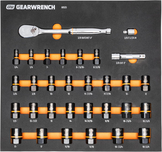 GEARWRENCH 31 Piece Bolt Biter Ratchet Socket Set MM/SAE with EVA Foam Tray - 86525, Black