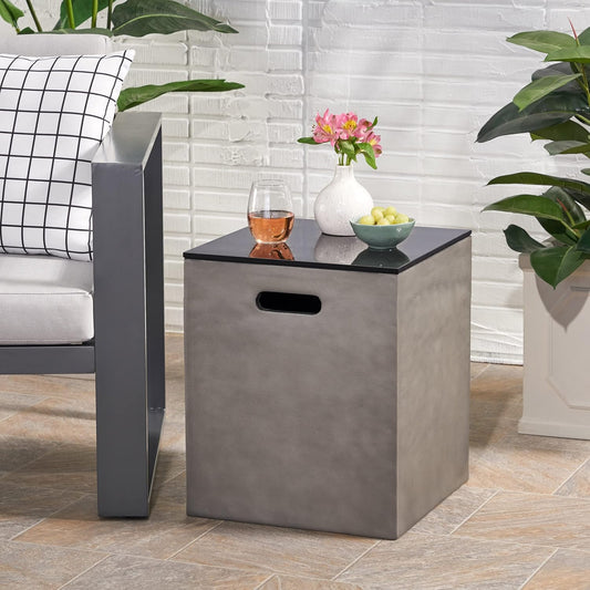 Outdoor Tank Cover Table, Tank Holder Square Tank Hideaway Table with Side Handles, Round Gas Tank Holder for Standard 20 LBS Propane Gas Tank, Outdoor Side Table (Black+Gray\/MgO)