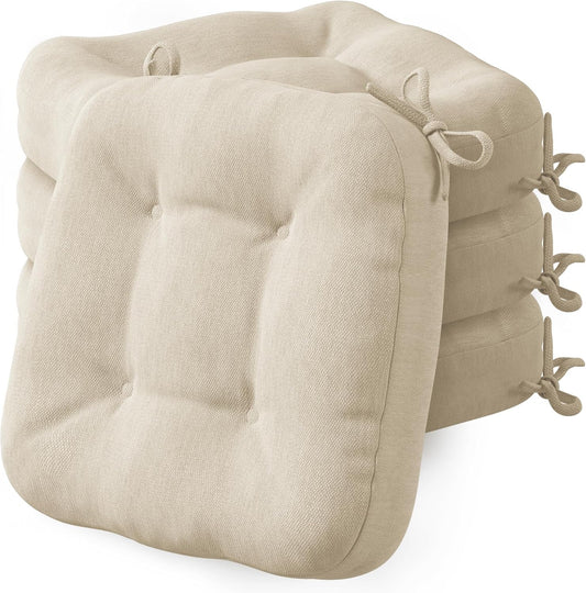Codi Dining Chair Cushions 4 Pack, Thick Chairs Pads for Indoor Kitchen Room - Washable, Non-Slip Seat Cushion with Ties, 16.5"x16.5"x 3.5", Set of 4, Beige