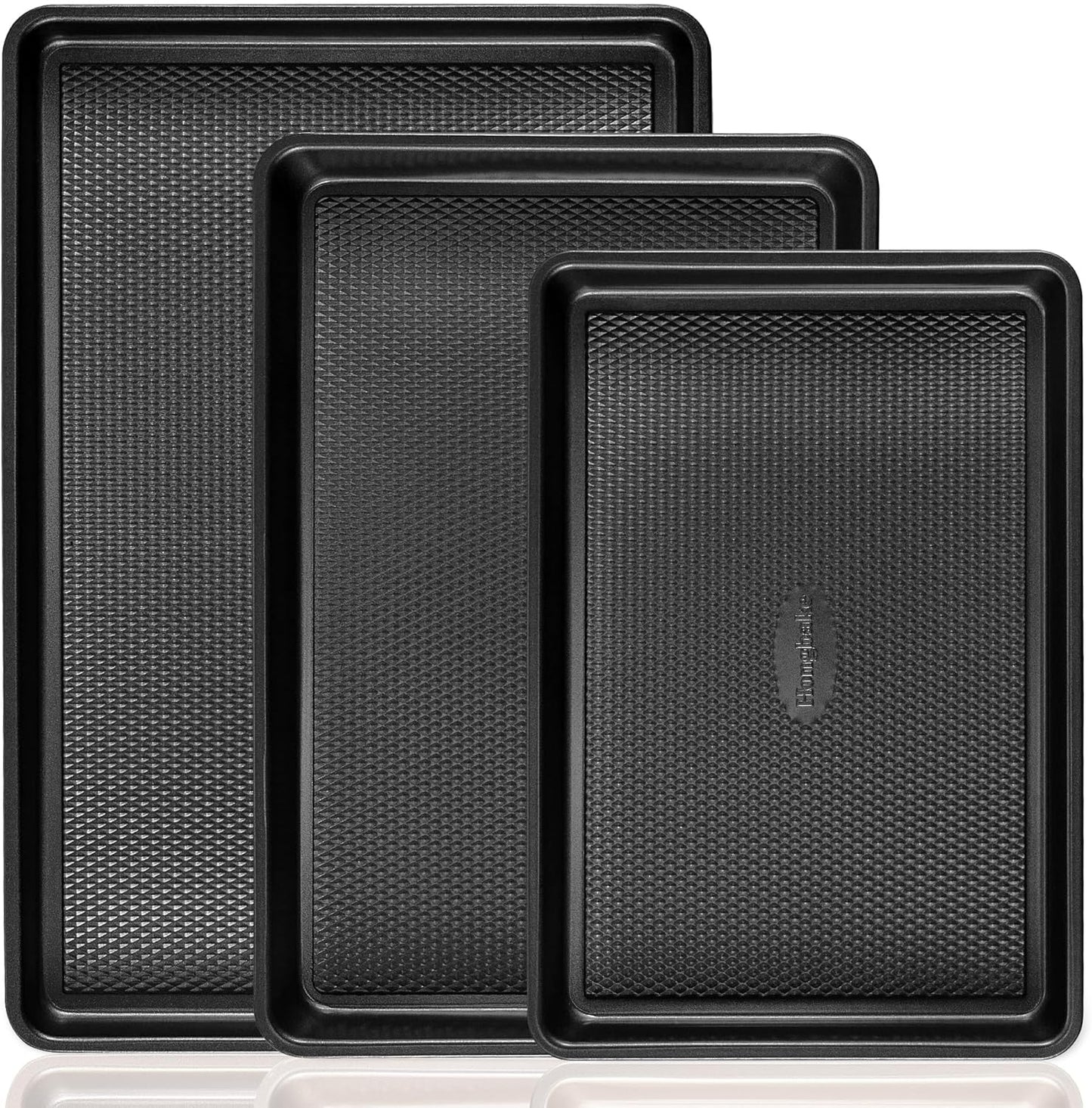 Cookie Sheets for Baking Nonstick - HONGBAKE Baking Sheet Pan Set of 3, Half\/Quarter\/Jelly Roll Pan for Oven with Diamond Texture Pattern, 57% Thicker Carbon Steel Cookie Trays, Dark Grey