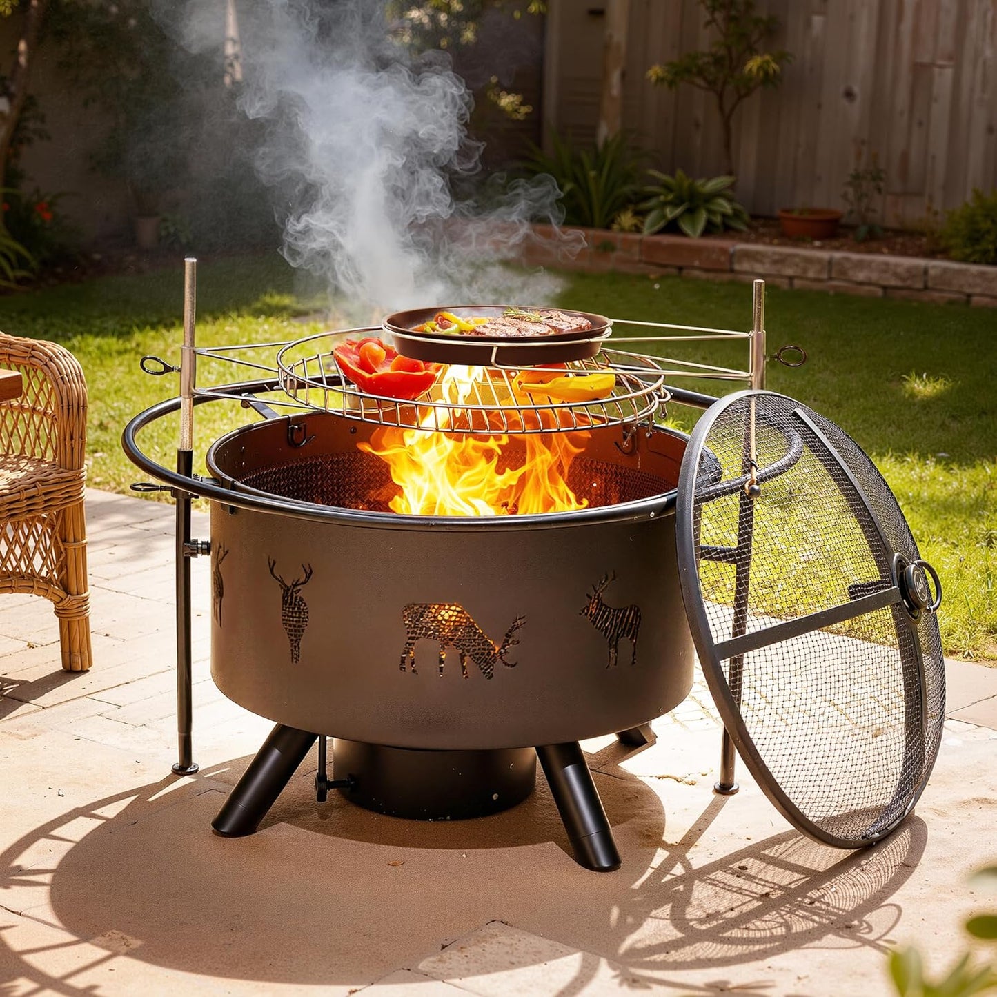 NATURAL EXPRESSIONS 32 Inch Outdoor Fire Pit, Wood Burning Fire Pits with 2 Grills, Poker, Brushes, Ash Pan, Mesh Cover, Waterproof Cover, Charcoal Fire Pit for BBQ, Patio, Bonfire, Heat&Cook