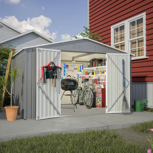YOPTO 10X8 FT Outdoor Storage Shed W\/Lockable Doors,Metal Shed W\/Sloped Roof & Air Vents,All Weather Garden Tool House for Backyard Patio Lawn,Gray