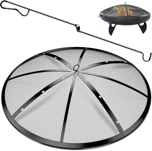 Fire Pit Spark Screen, 40Inch Fire Pit Lid Outdoor with Handle & Poker, Heavy-Duty Mesh Firepit Cove with 12 Reinforced Bars for Backyard\/Beach\/RV Camping