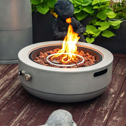 24" Round Fire Pit Bowls with Lid & Rocks, 50000 BTU Gas Fire Pits for Outside Patio, Propane Outdoor Firepit with Side Handles, Steel Fire Bowl with Side Handles for Deck Garden (Grey - 24'')