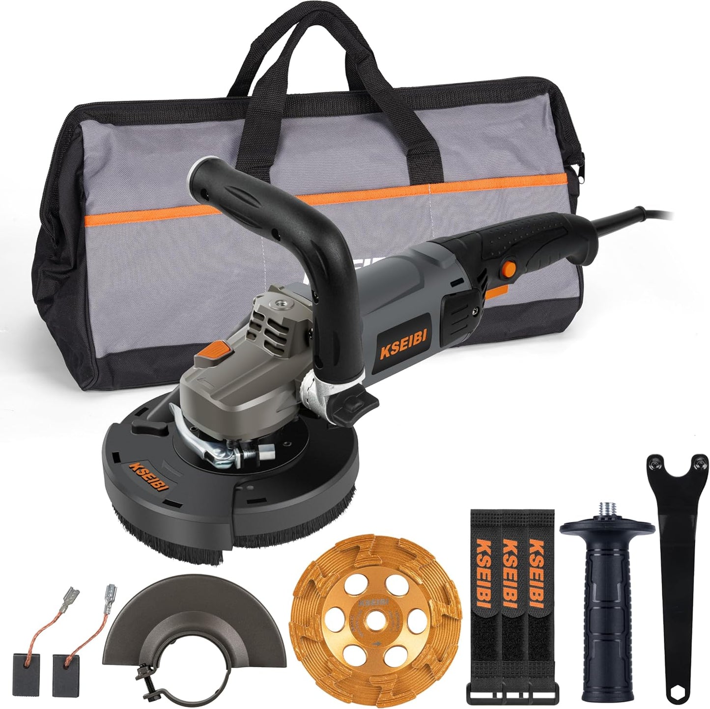 KSEIBI Concrete Angle Grinder Machine 5-Inch, Metal Grinding Tools 11.5Amps (1400 watt) with Safety Guard, Diamond Cup Wheel, Dust Shroud, and Carry Bag