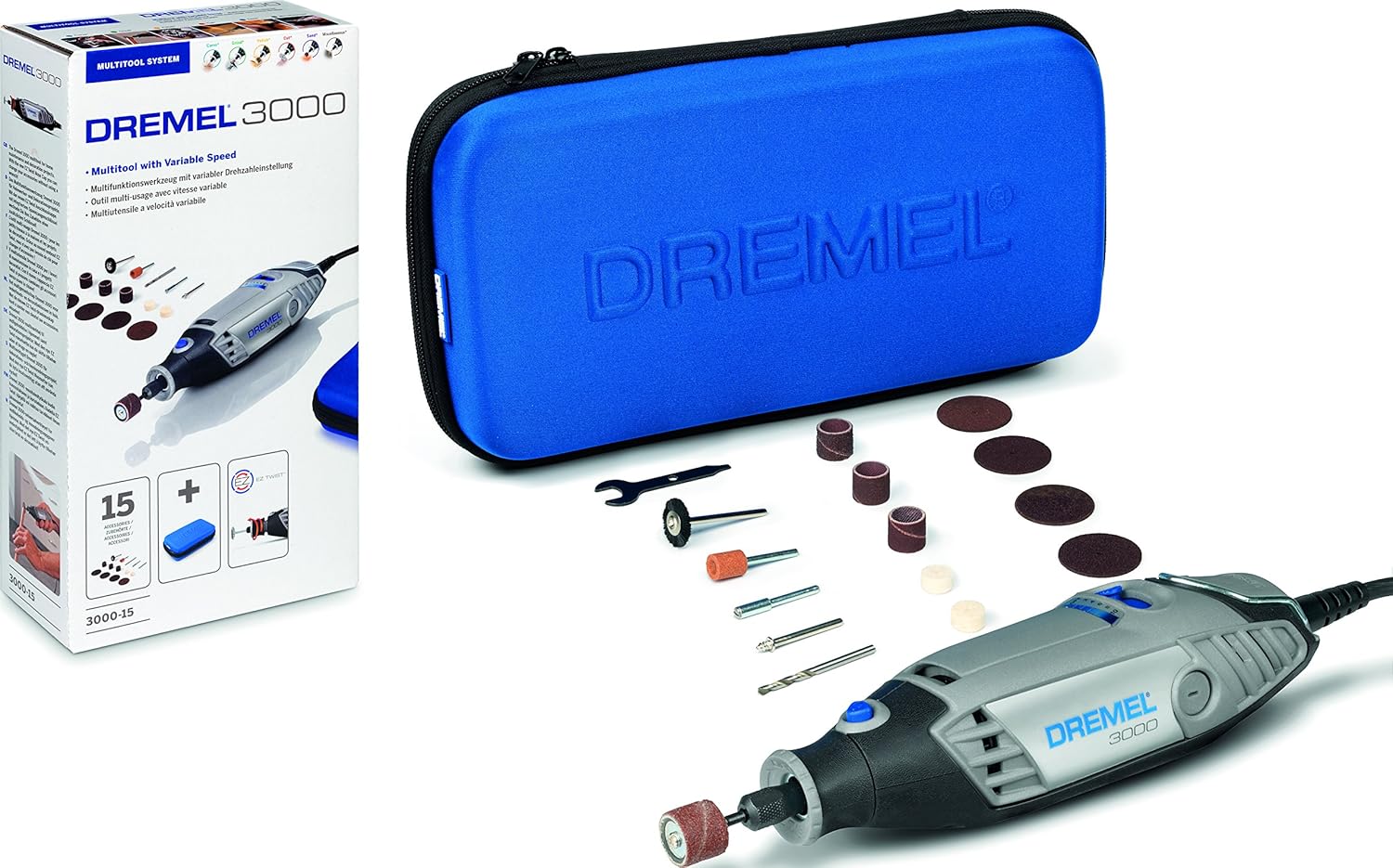 Dremel 3000 \u2013 Multitool 130 W, Kit with 15 Accessories and Case, Variable Speed 10,000 \u2013 33,000 rpm for Carving, Engraving, Milling, Grinding, Cleaning, Polishing, Cutting and Sanding (Spanish