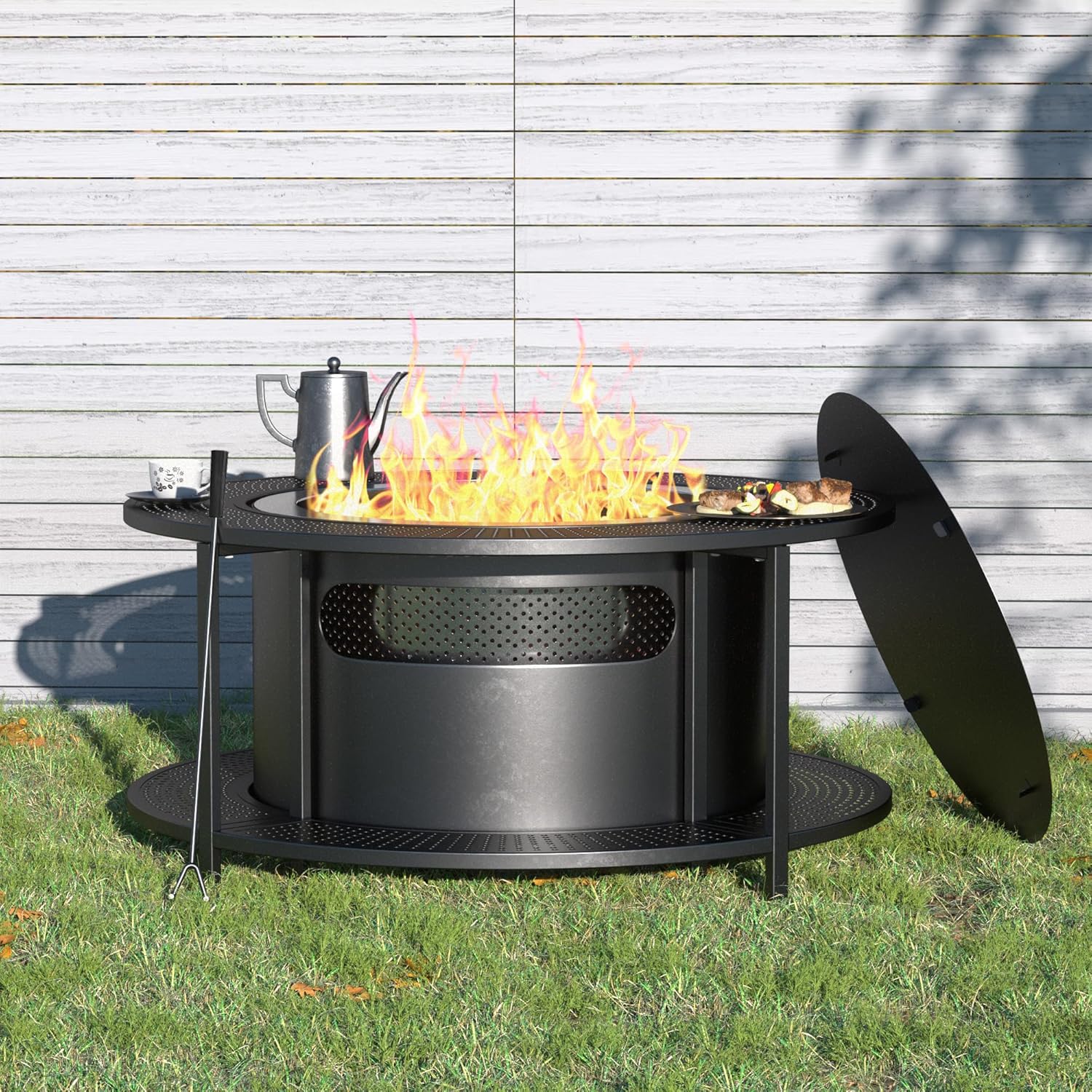 Kullavik 25 Inch Outdoor Smokeless Fire Pit with 37 Inch Surround Tabletop,Stainless Steel Firepit with Weather Resistant Cover,Wood Burning Fire Pit for Outside