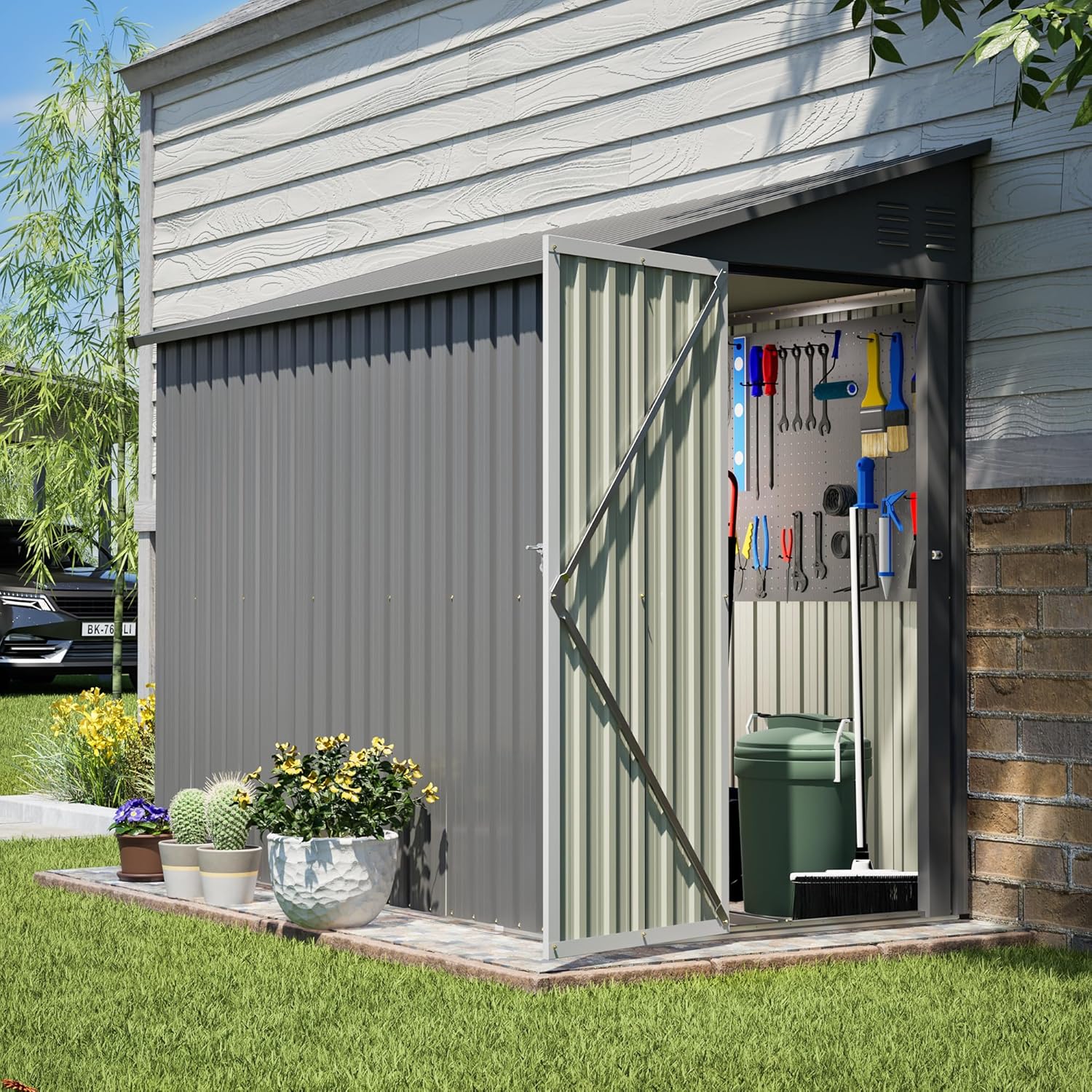 YOPTO 4x8 FT Lean to Metal Shed,Outdoor Storage Shed W\/Floor Frame & Reversible Installation,All Weather Waterproof Garden Tool House W\/Lockable Door & 2 Air Vents,for Backyard,Patio,Lawn,Gray
