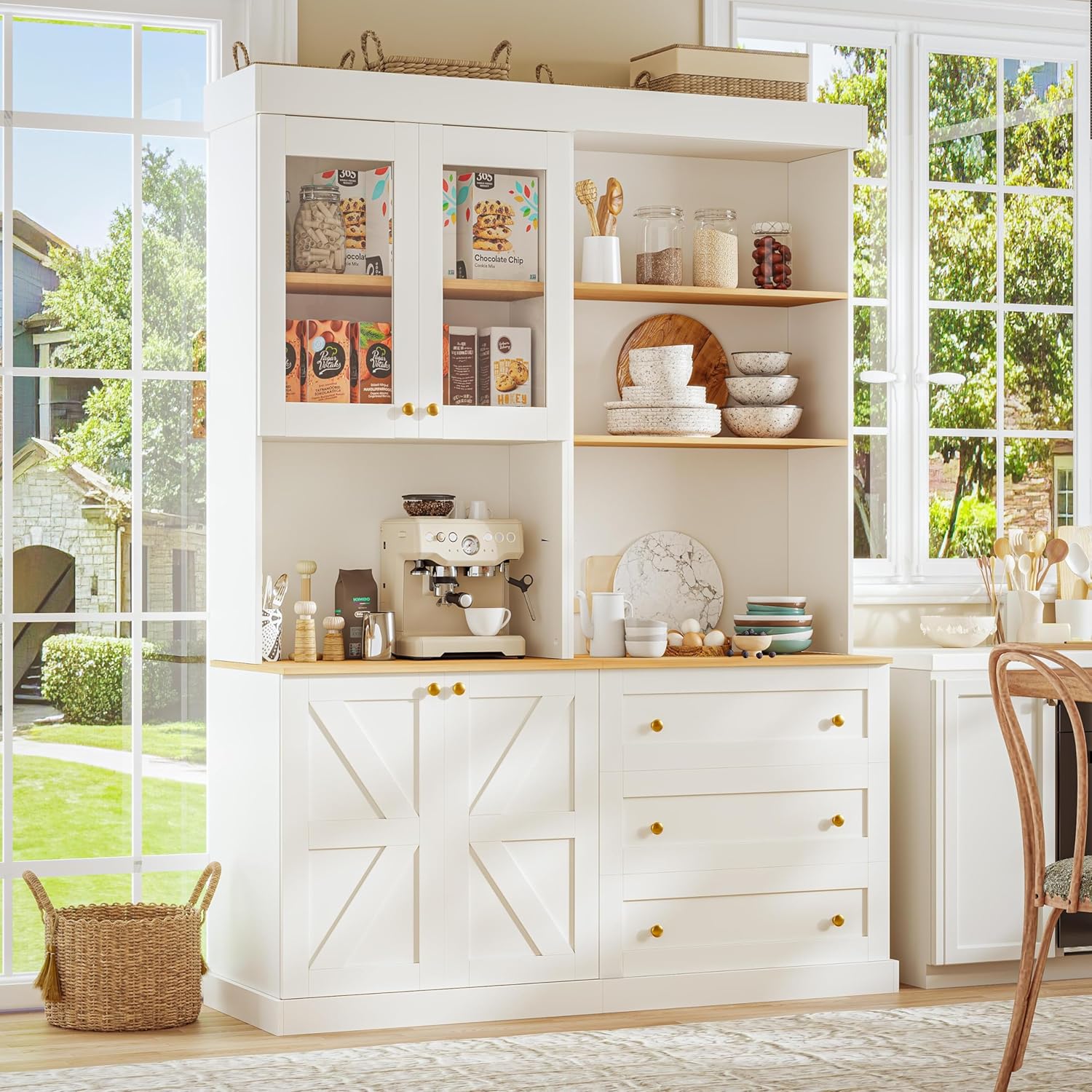 71" Farmhouse Kitchen Pantry Cabinet Set of 2, White Freestanding Coffee Bar Hutch with Glass Doors, Drawers & Adjustable Shelves, Large Storage Cabinet with Microwave Stand for Living Room & Kitchen