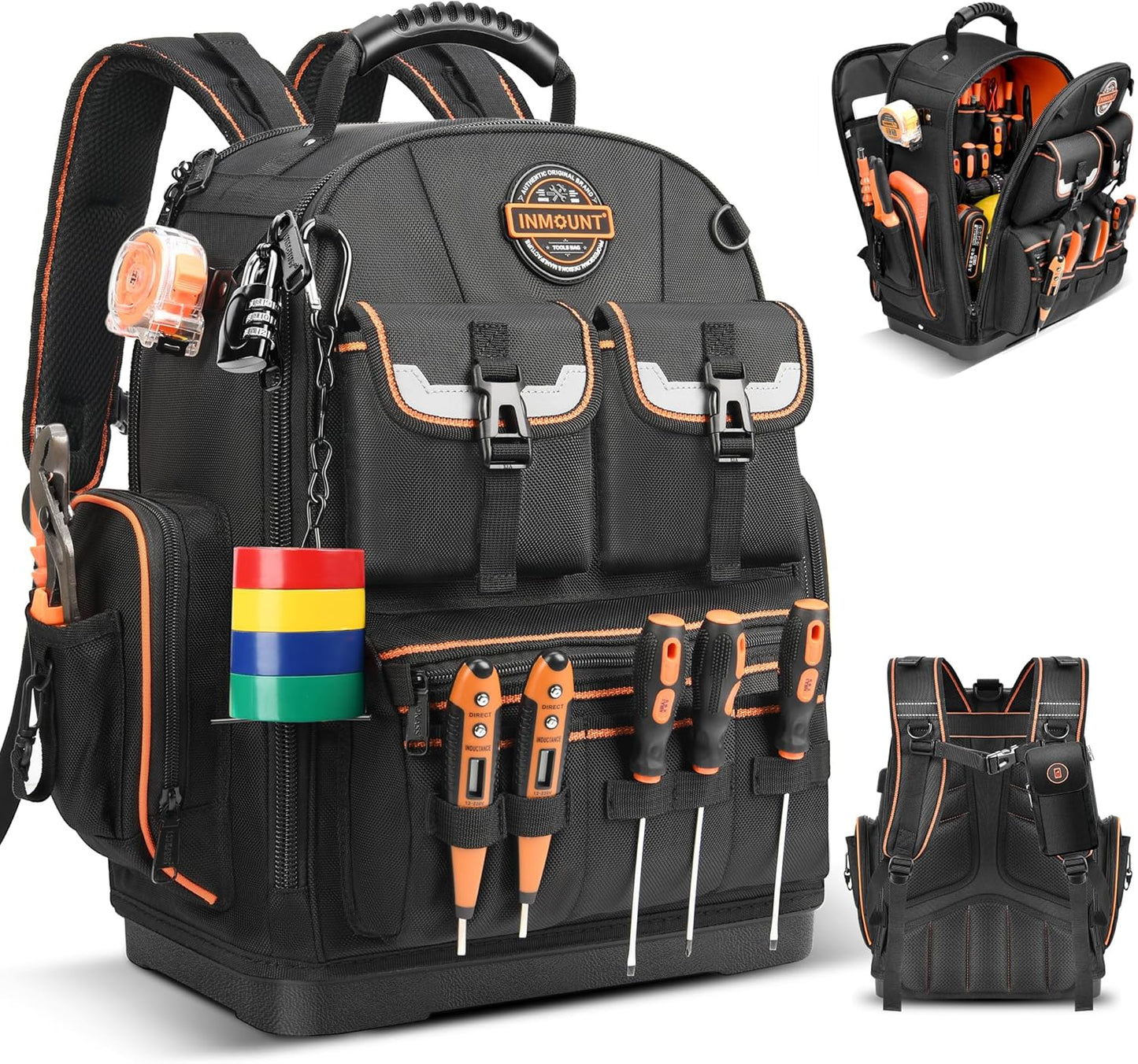 Tool Backpack and Tool Bag, Heavy Duty with 89 Pockets & Loops, Laptop Compartment, Combination Lock & Molded Waterproof Base \u2013 Ideal for Electricians, HVAC, Maintenance & Construction Pros（Black)