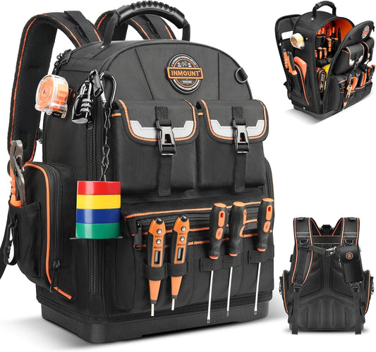 Tool Backpack and Tool Bag, Heavy Duty with 89 Pockets & Loops, Laptop Compartment, Combination Lock & Molded Waterproof Base \u2013 Ideal for Electricians, HVAC, Maintenance & Construction Pros（Black)
