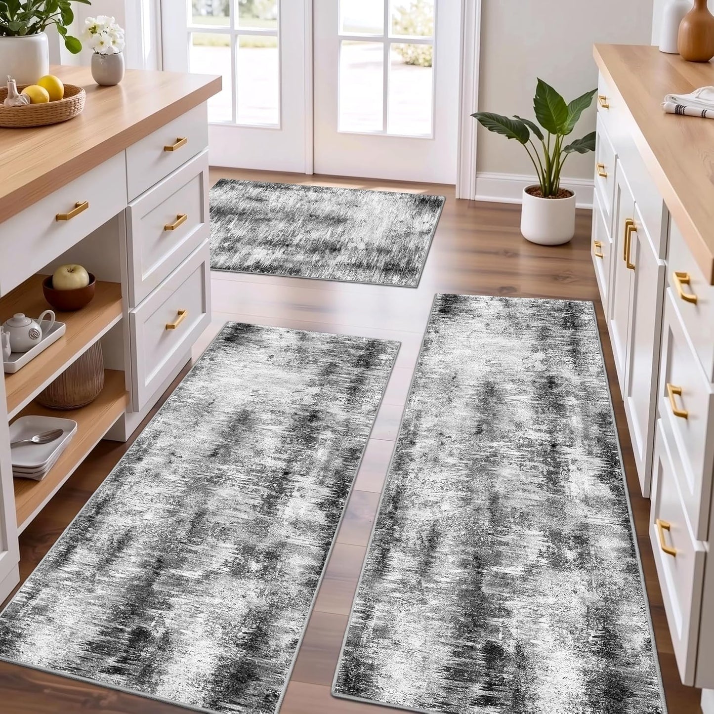 Tritard 100% Non Slip Kitchen Rugs Sets of 3 Washable Kitchen Mats for Floor Abstract Kitchen Runner Rug Soft Thick Floor Mat Set Kitchen Carpet Rugs for Hallway, Laundry, Entryway, Office, Grey