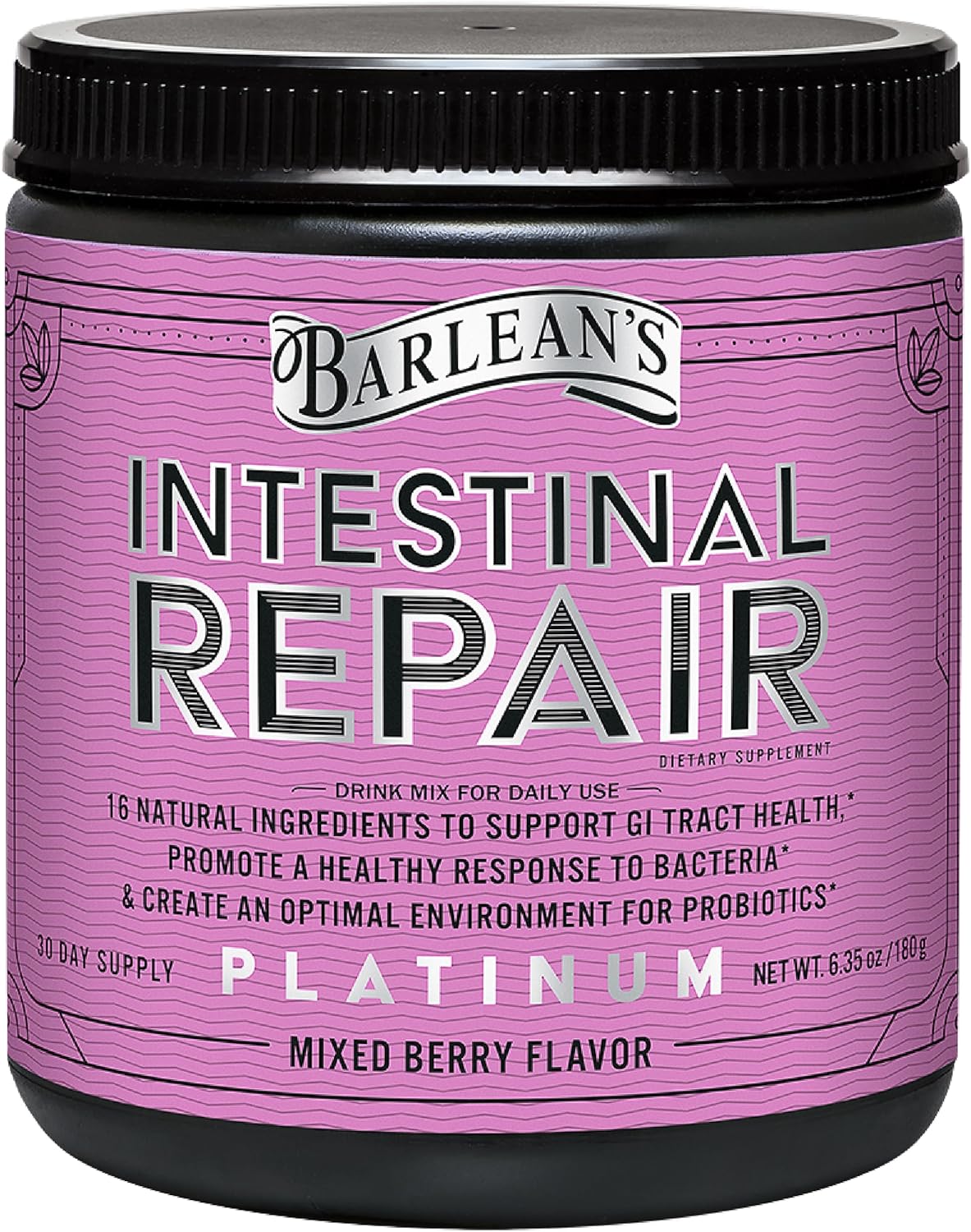 Barlean's Intestinal Repair Gut Health Powder with 16 Digestive Supplements, L-Glutamine, Marshmallow and Licorice Root, Aloe Vera, and Fiber Mixed Berry Flavor, 6.35 oz