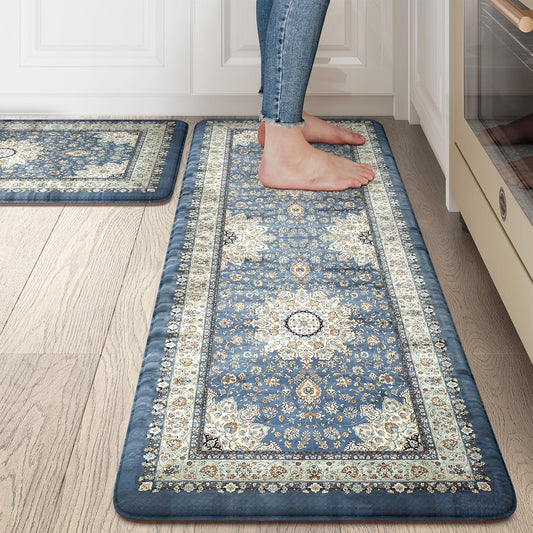 Collive Boho Kitchen Mat, Cushioned Anti Fatigue Kitchen Rug Set 2 Piece Non-Skid Waterproof Kitchen Mats for Floor, Comfort Heavy Duty Standing Mat for Kitchen, Laundry, Office, Desk(Blue)