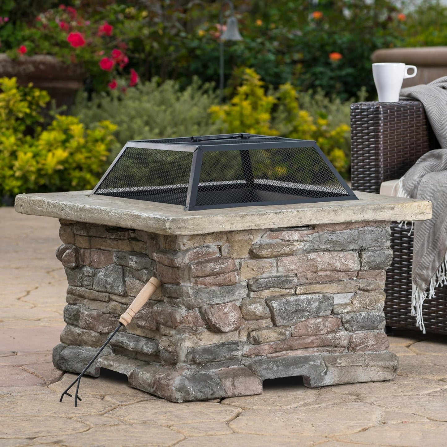 Outdoor Fire Pit, 28" Square Wood Burning Outdoor Fire Pit with Lid, Outside Concrete Fire Table, Fire Pits Table for Warming, Party, BBQ (Stone Grey\/28)