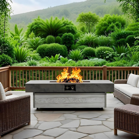 Modern Outdoor 48-Inch Rectangle Propane Fire Pit Table, Cement Grey Iron Construction, 50000 BTU, Adjustable Height with Glass Stones for Patio